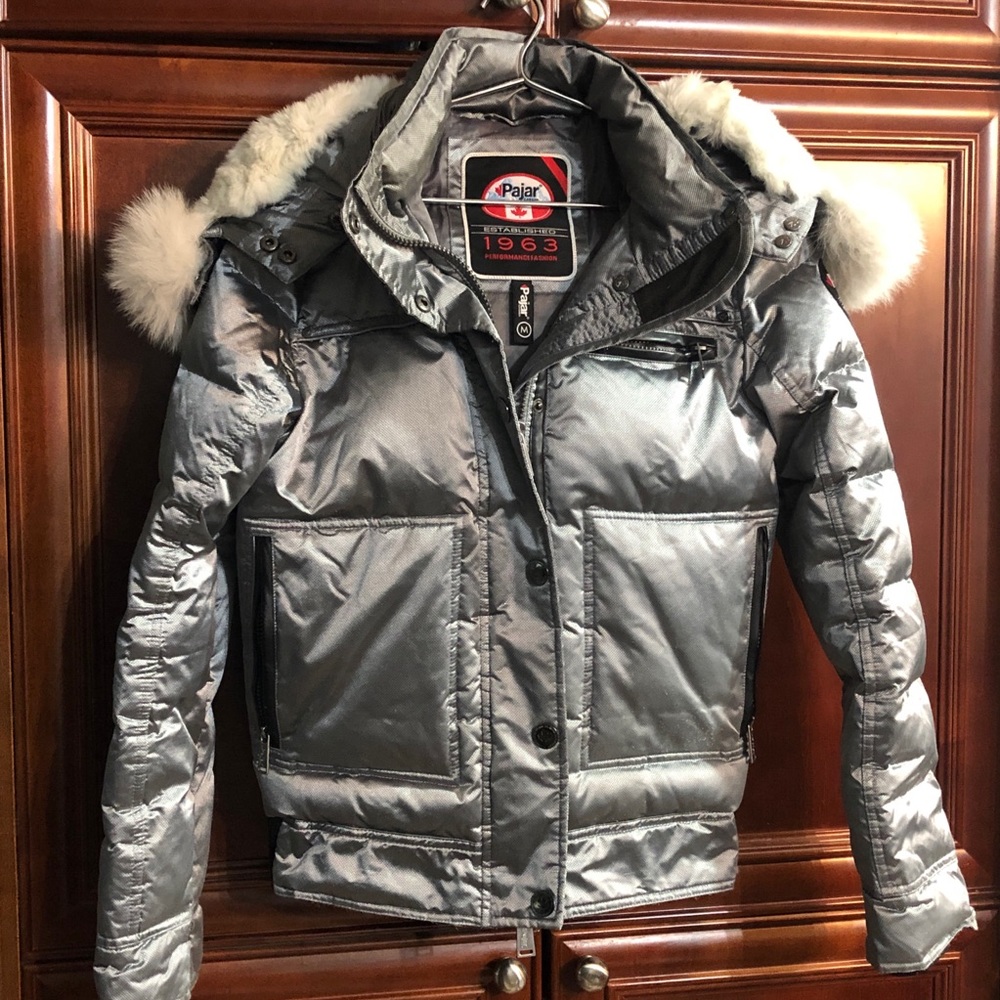 White Duck Down fox fur Pajar Metallic Ski Jacket